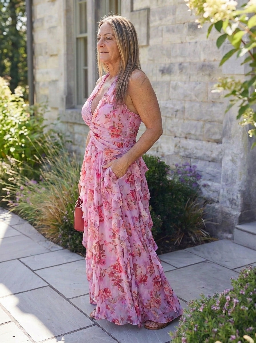 Belladina | Romántica Cascada de Rosas – Vestido Largo con Escote Halter