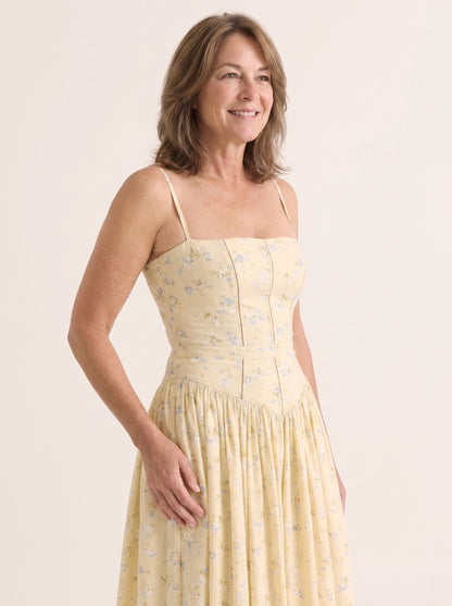 Espalda del vestido vintage amarillo de fiesta con corsé