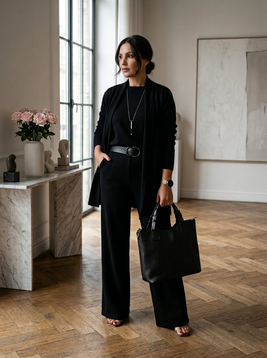 Conjunto de punto de tres piezas en negro con la chaqueta larga abierta