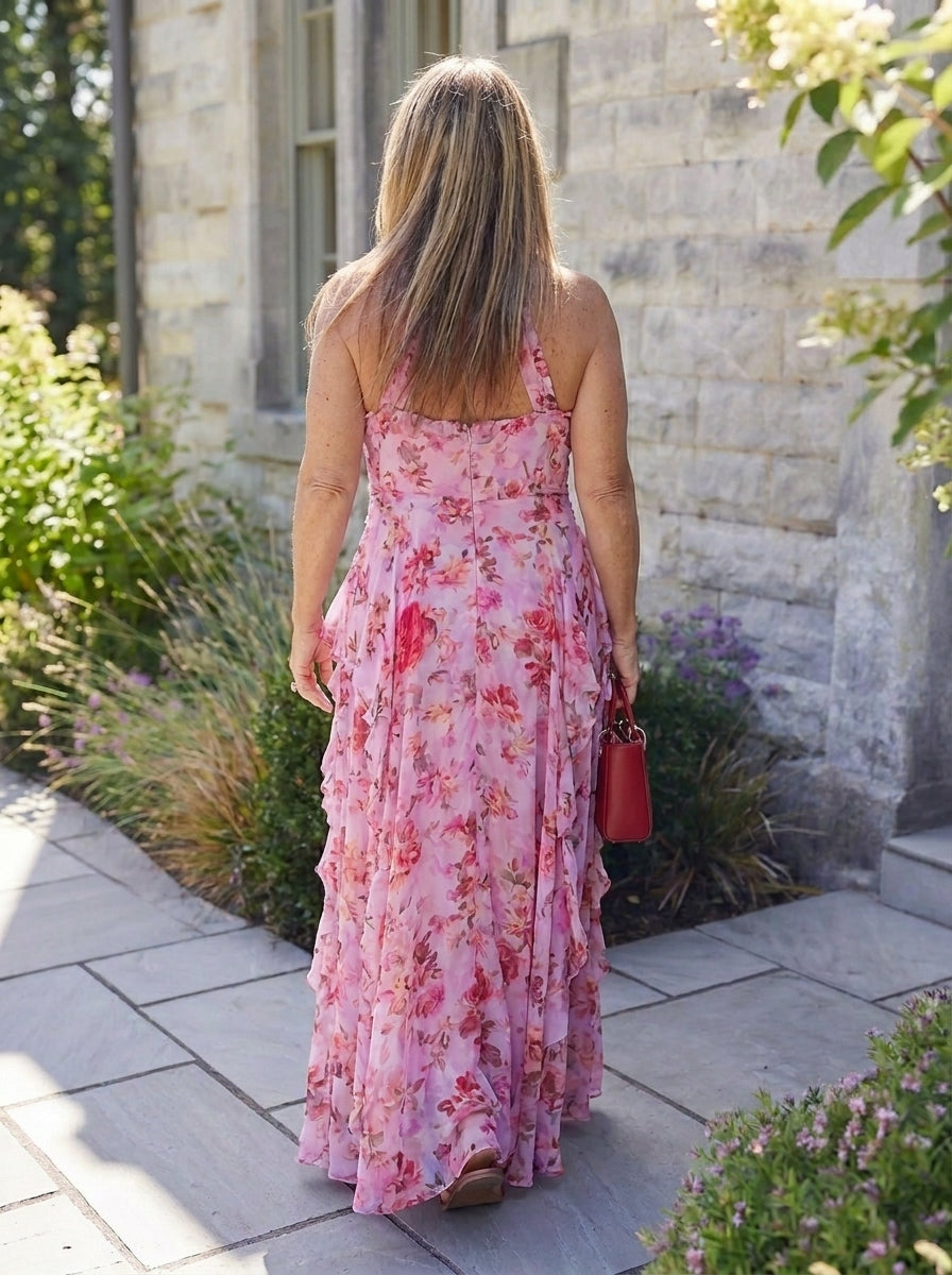 Belladina | Romántica Cascada de Rosas – Vestido Largo con Escote Halter