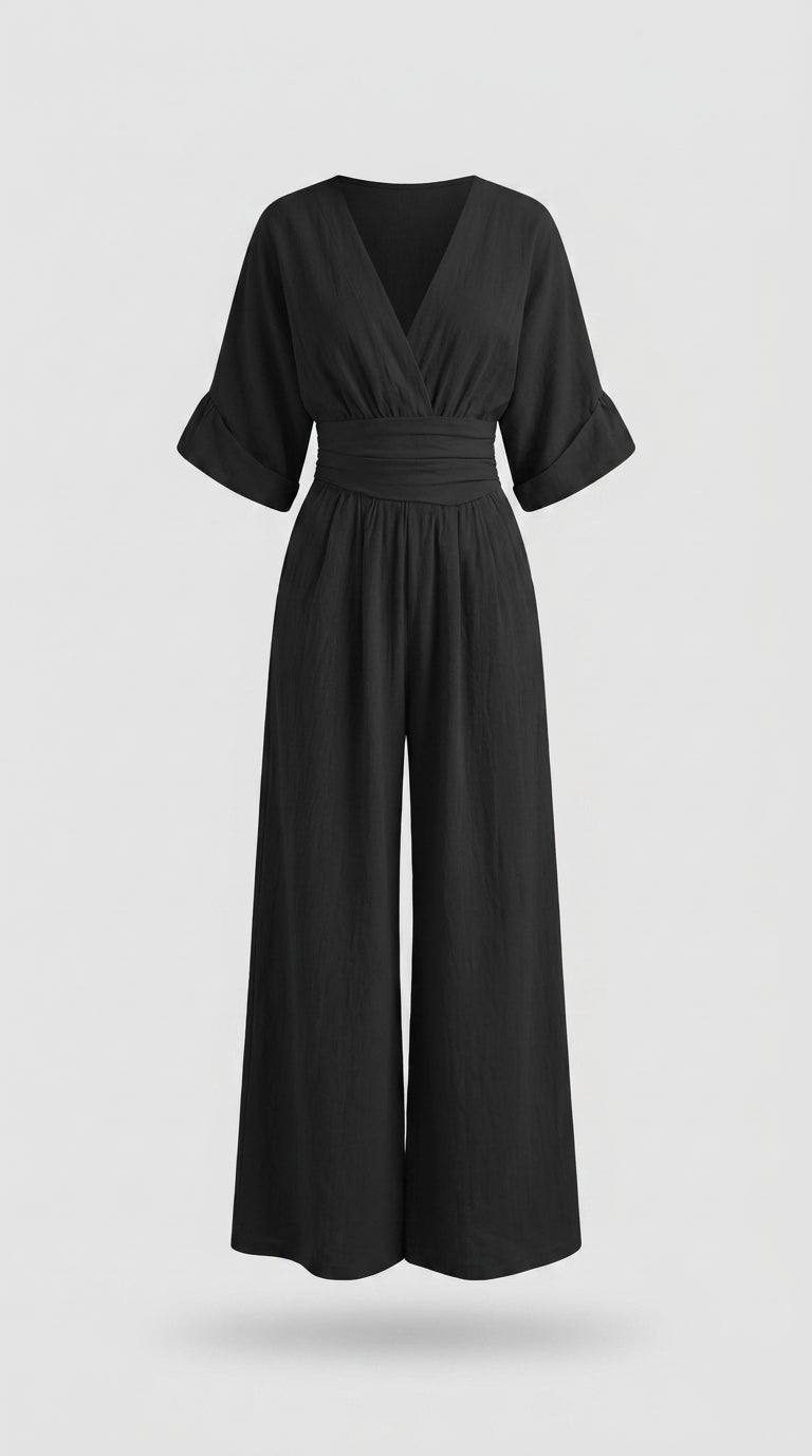 Mono Mujer Cuello V Talle Alto Pierna Ancha | Mono Elegante de Vestir