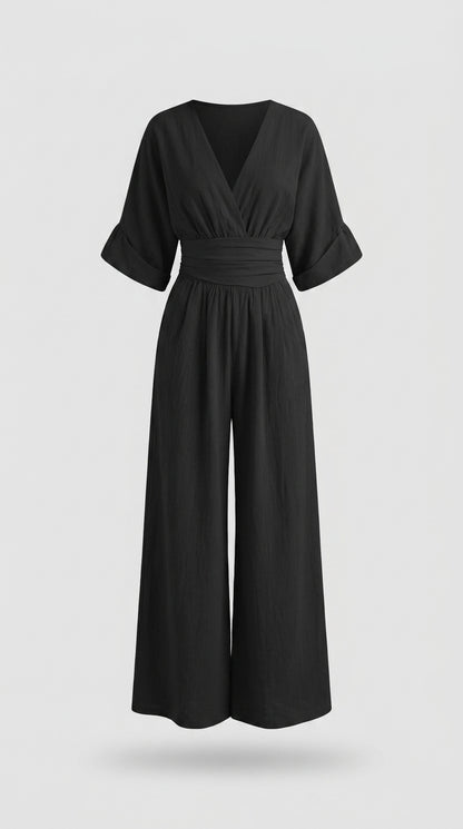 Mono Mujer Cuello V Talle Alto Pierna Ancha | Mono Elegante de Vestir