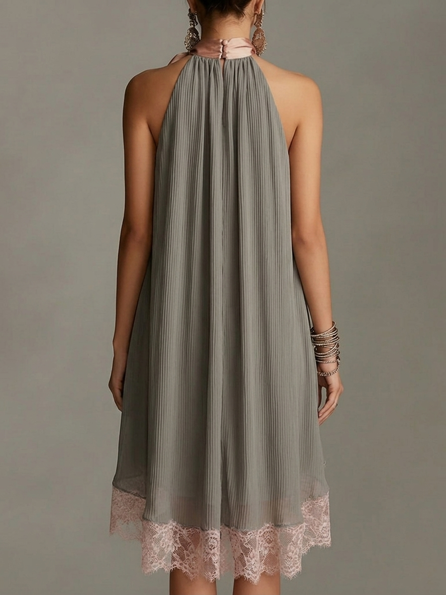 Minivestido halter gris con gran lazo rosa de saten - Yaiza Studio
