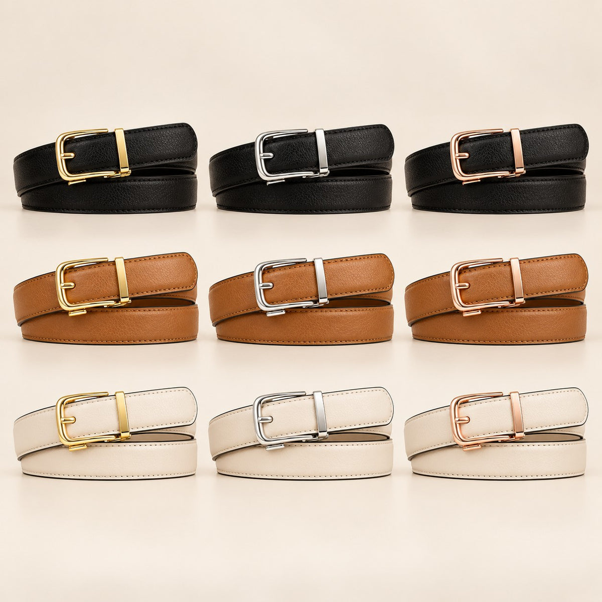 Cinturón Clásico en negro, camel y blanco con las tres hebillas: dorada, plateada y oro rosa