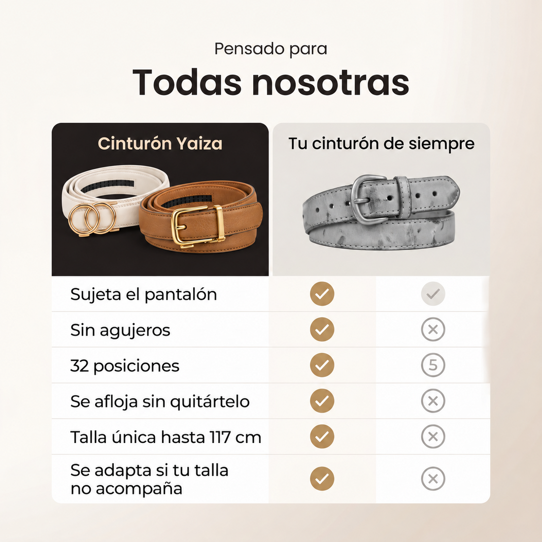 Cinturón Yaiza moderno y clásico frente a un cinturón de agujeros: sin agujeros, 32 posiciones, talla única hasta 117 cm