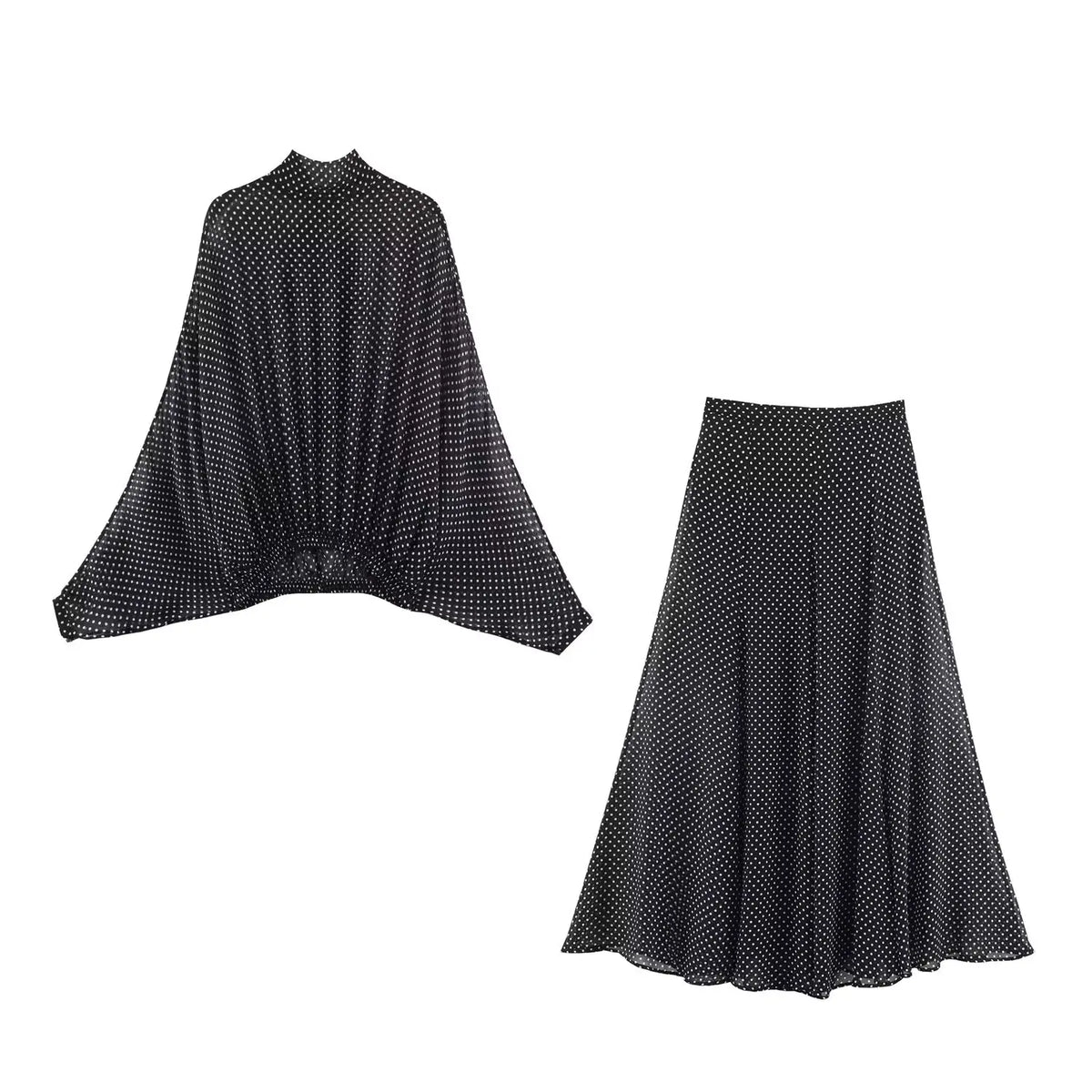 Rocío | Conjunto de Gasa de Lunares — Blusa y Falda Midi