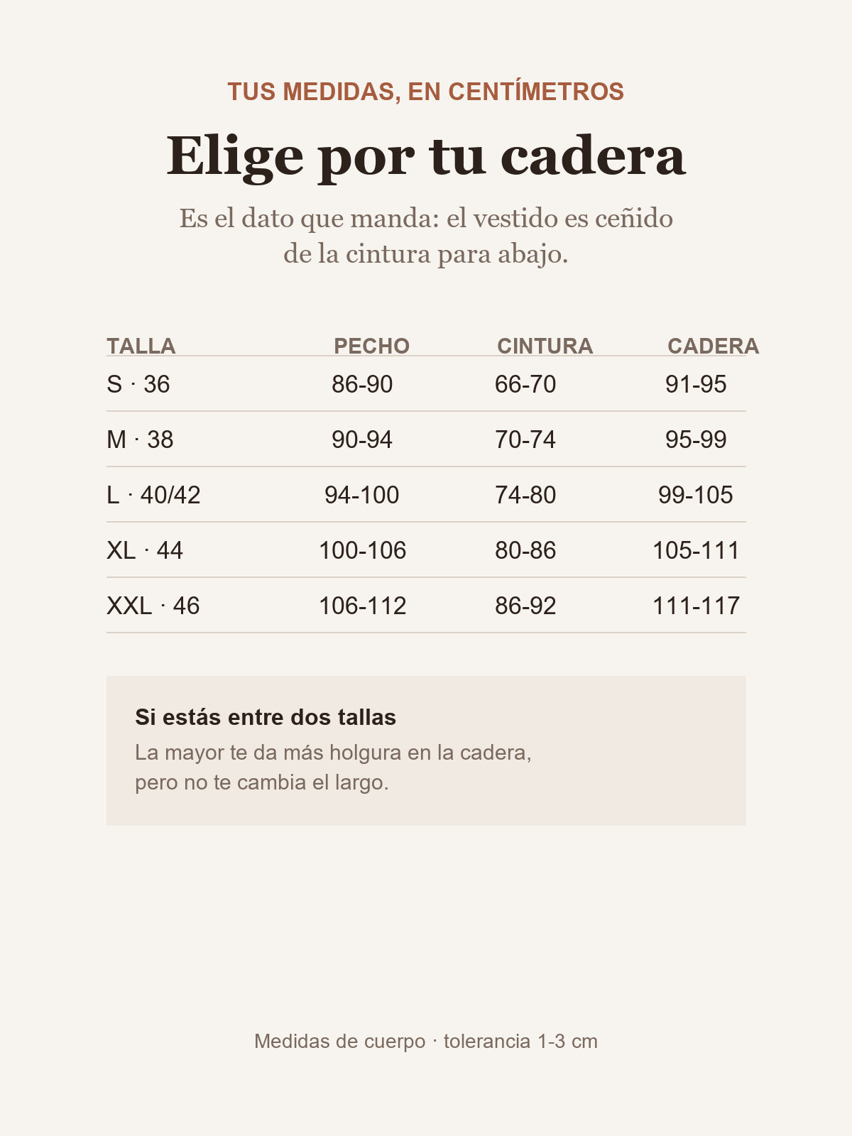 Tabla de medidas de cuerpo en centímetros del vestido Julia, tallas 36 a 46