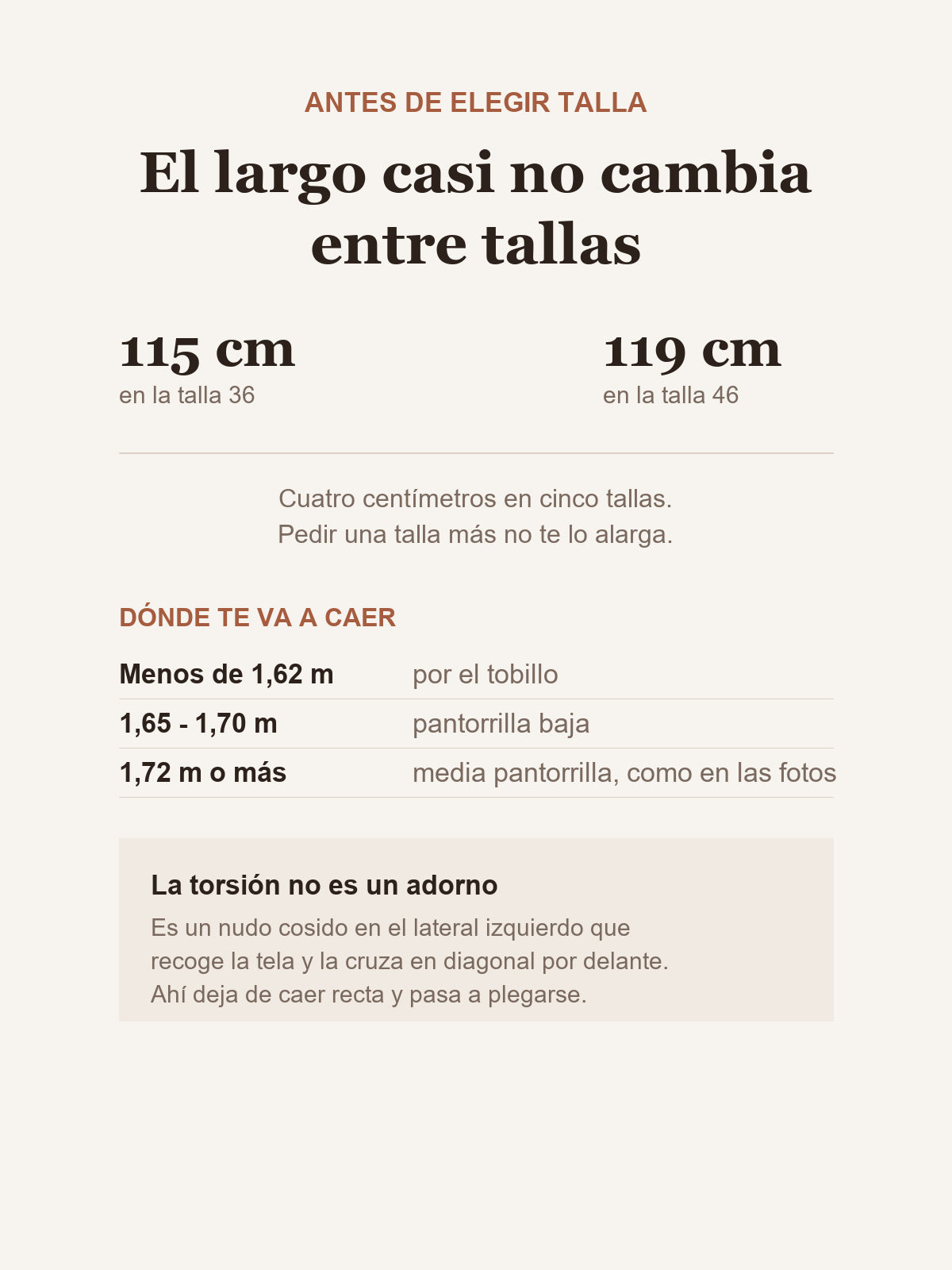 El largo del vestido Julia va de 115 a 119 cm y apenas cambia entre tallas