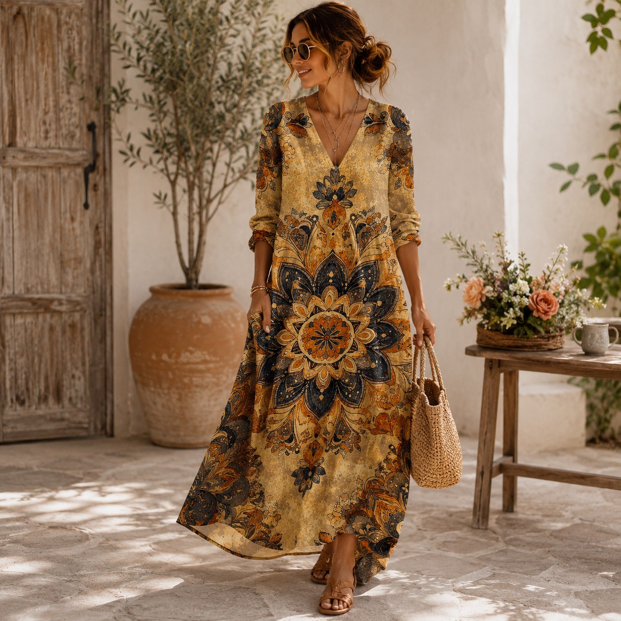 Marcelle, vestido largo azul con flores y bolsillos — segunda vista