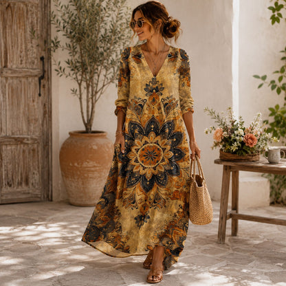 Marcelle, vestido largo azul con flores y bolsillos — segunda vista