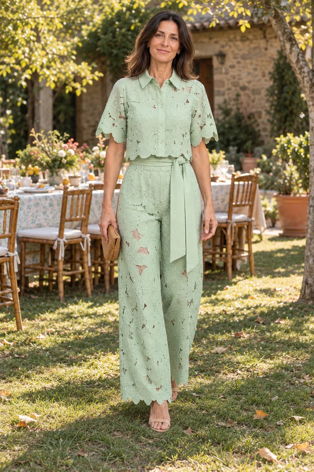Isabela, conjunto de encaje verde menta, en una celebración en el jardín de una casa de campo