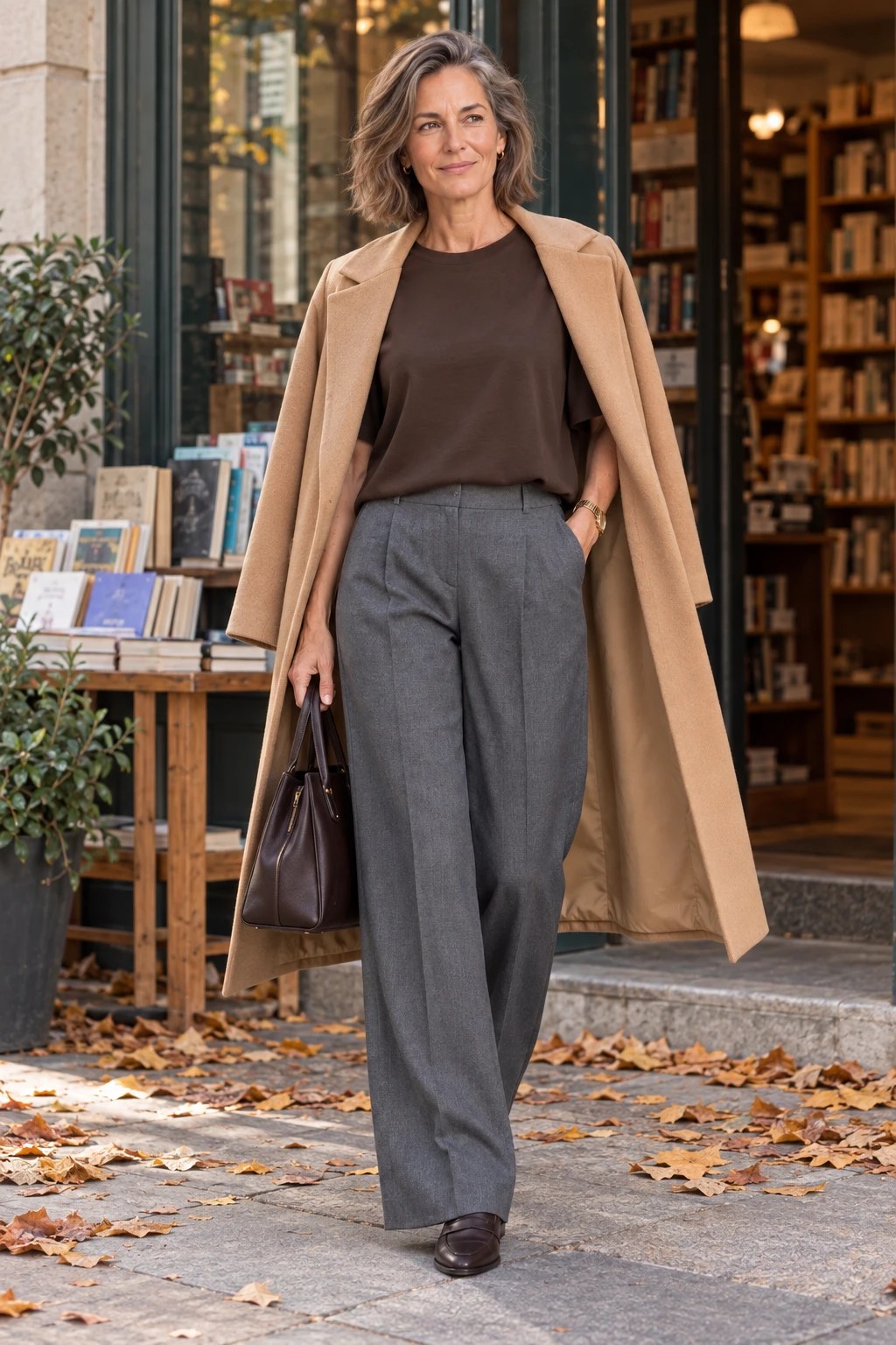 Top de manga ancha marrón chocolate con pantalón gris y abrigo camel sobre los hombros, saliendo de una librería