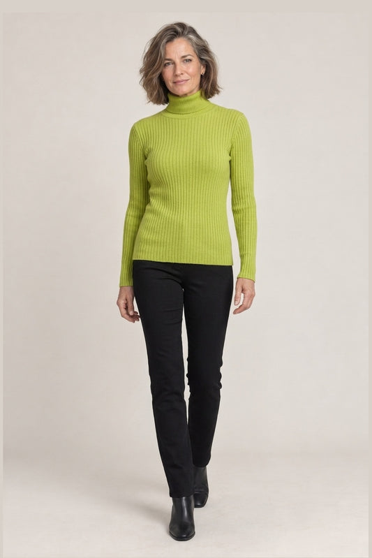 Jersey de Cuello Alto Liso para Mujer en verde, foto de estudio de frente