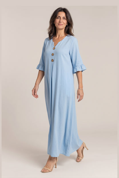 Irene en azul, foto de estudio, delante [yz4-irene-vestido-maxi-manga-3-4-con-bolsillos-azul-delante.jpg]