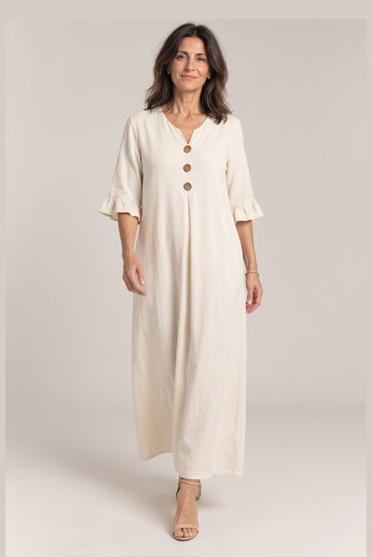 Irene en blanco, foto de estudio, delante [yz4-irene-vestido-maxi-manga-3-4-con-bolsillos-blanco-delante.jpg]
