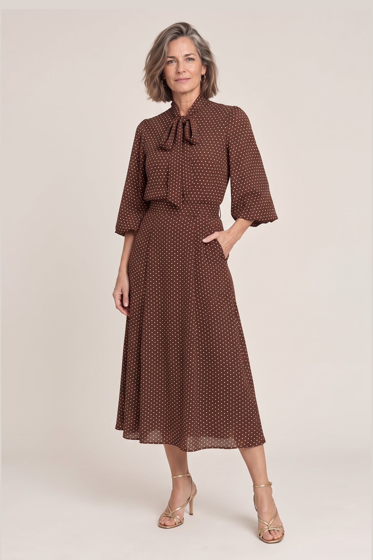 Rocío en marron, foto de estudio, delante [yz4-rocio-conjunto-gasa-lunares-blusa-falda-midi-marron-delante.jpg]